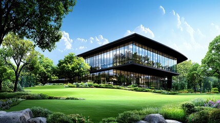 Obraz premium Modern Glass and Black Building in Lush Green Landscape