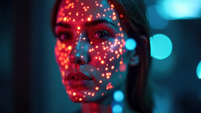 Female face illuminated with glowing red projection mapping pattern. Luminous dots cascade across features. Futuristic, tech-forward atmosphere. Digital identity, biometric scanning, AI integration.
