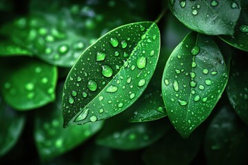 Close up view of green leaves adorned with morning dew drops Generative AI