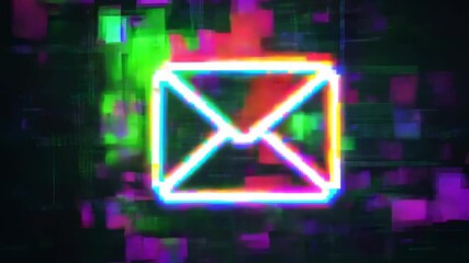 Glowing neon envelope icon with glitch effect on dark digital background in cyberpunk communication concept - Powered by Adobe