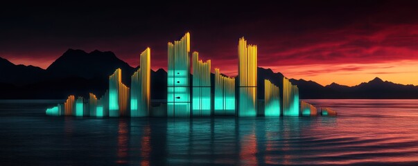 A digital rendering of an equalizer graph in glowing teal and gold, placed against the backdrop of a calm ocean with a crimson sky at sunset