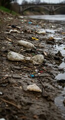 Fototapeta premium River pollution with plastic waste and garbage on muddy shore. Environmental disaster and water contamination. Ecosystem damage near urban bridge. Ecology problem.