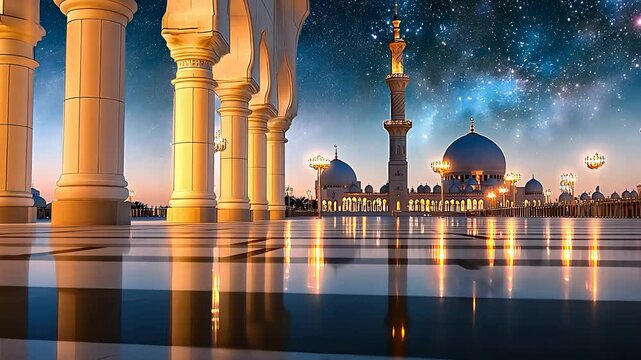 Majestic Mosque Courtyard with Golden Columns, Starry Night Sky, Domes, and Reflections on Polished Marble Floor

