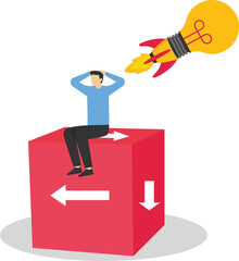 A man sits on a confused direction cube and the idea light goes off above his head, illustration for lack of ideas.

