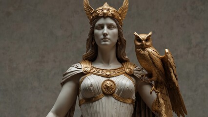 A sculpture of Pallas Athena, the warrior goddess, holding a golden shield with an owl perched on her helmet, symbolizing wisdom and strategy