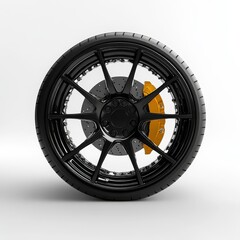 Obraz premium Black Wheel with Yellow Brake Caliper on White Background
