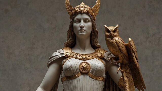 A sculpture of Pallas Athena, the warrior goddess, holding a golden shield with an owl perched on her helmet, symbolizing wisdom and strategy