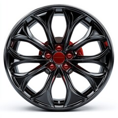 Fototapeta premium Black Glossy Wheel with Red Center on White Background