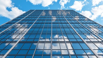 Modern Glass Skyscraper Reflecting Blue Sky and Clouds