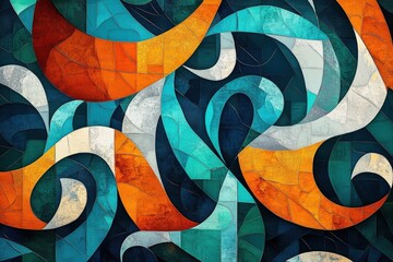 Fototapeta premium Mosaic-inspired digital painting with swirling motifs and fluid lines
