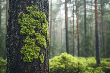Obraz premium Close up view of green moss growing on a tree trunk in a forest Generative AI