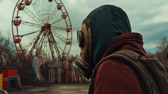 A Lonely Wanderer roams an eerily silent, abandoned amusement park, reminiscing about forgotten adventures