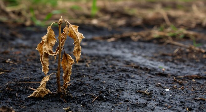 Withered plant on scorched earth after wildfire or drought. Environmental disaster concept. Climate change impact on nature. Deforestation and desertification effects.