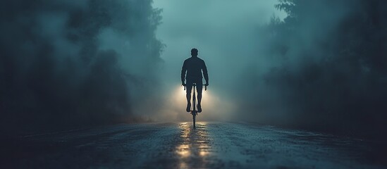 A cyclist riding a bicycle into the misty and atmospheric distance