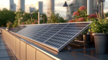 Fototapeta premium Solar Energy Oasis: A rooftop garden thrives alongside a solar panel array, set against a cityscape background. This image captures the essence of sustainable living, green energy.