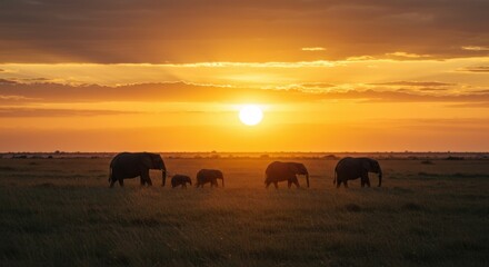 Elephants Silhouetted Against a Golden Savanna Sunset