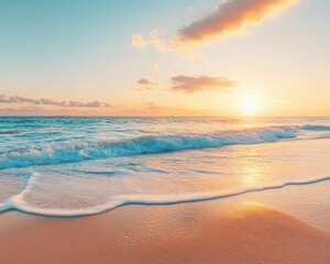 Fototapeta premium Serene tropical beach with gentle waves under a golden sunset, warm summer atmosphere, soft sand texture, perfect vacation backdrop