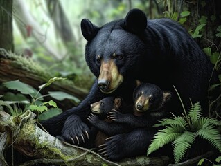 Naklejka premium Black bear with cubs in the environment.