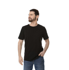 Fototapeta premium Man wearing blank black t-shirt on white background. Mockup for design