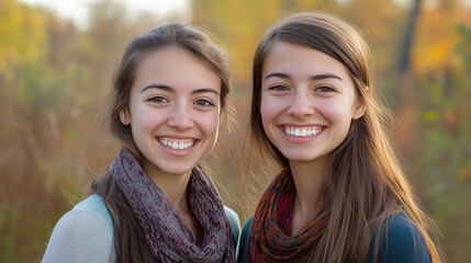 Fototapeta premium Two young women smiling warmly in a head and shoulders portrait, illuminated by natural side lighting, with a softly blurred sky background.
