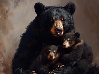 Fototapeta premium Black bear with cubs in the environment.