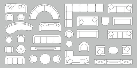 Furniture outline top view. Floor plan icons set for design interior and architectural project. Furniture thin line icon in top view for layout. © senja