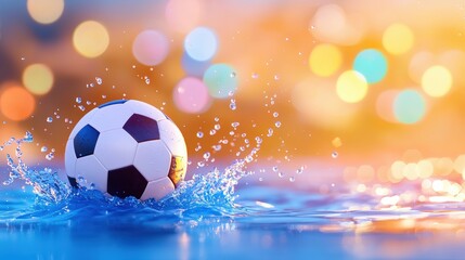 Fototapeta premium A soccer ball splashes in water, illuminated by soft, colorful bokeh lights, creating a vibrant and dynamic scene.