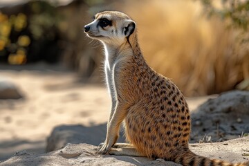 Fototapeta premium Meerkat sits attentively on a rock in a sunlit desert setting during midday hours with dry vegetation in the background