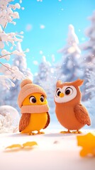 Cute birds winter snow scene.