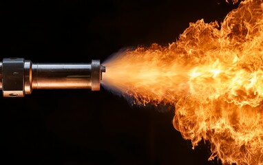 A flamethrower in action with a jet of fire shooting out and igniting the . Fiery device burns fiercely.