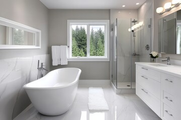 A luxurious bathroom with a freestanding tub walk in shower and double vanity. Opulent bath retreat.
