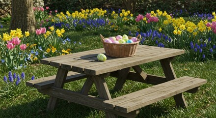 Fototapeta premium Pastel Easter Eggs and Spring Flowers at a Picnic Table