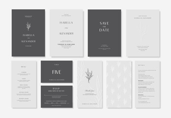 Minimalist wedding invitation set, elegant wedding suite with embossed leaf illustrations