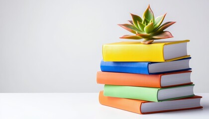 A neatly stacked pile of colorful books with a small succulent plant on top representing a blend of learning and nature placed on a white desk isolated white background copy space.