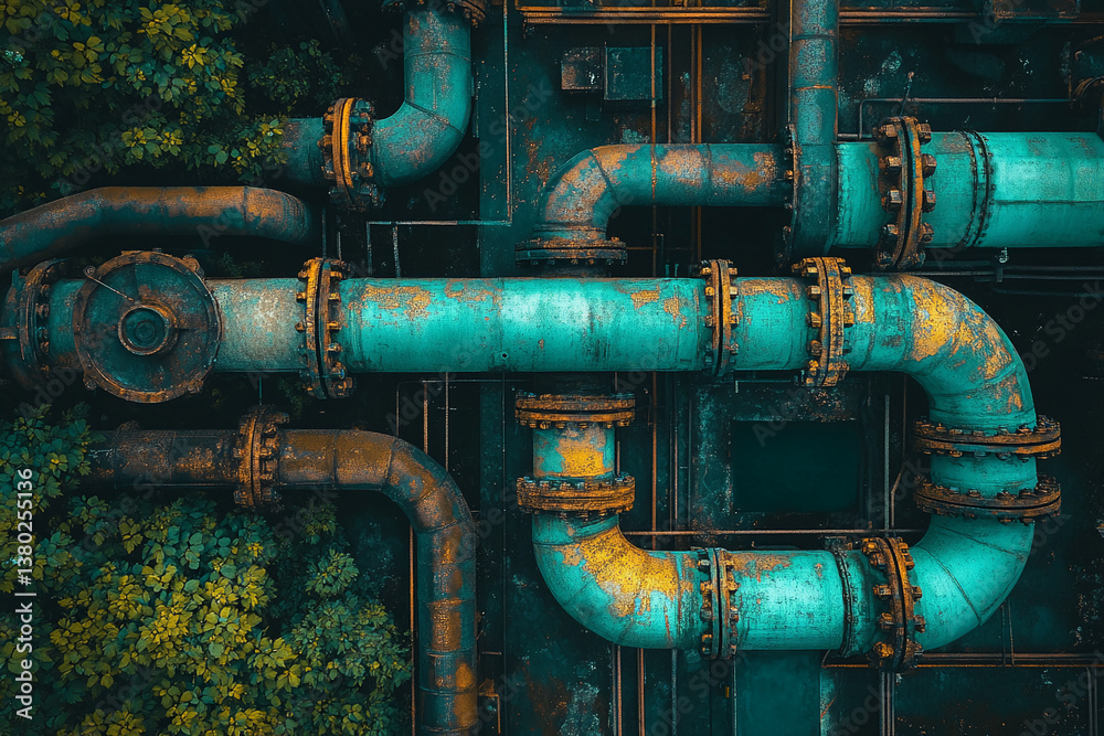 Aufkleber overhead view of teal and rust-colored industrial pipes, interwoven, showcasing aged texture and int