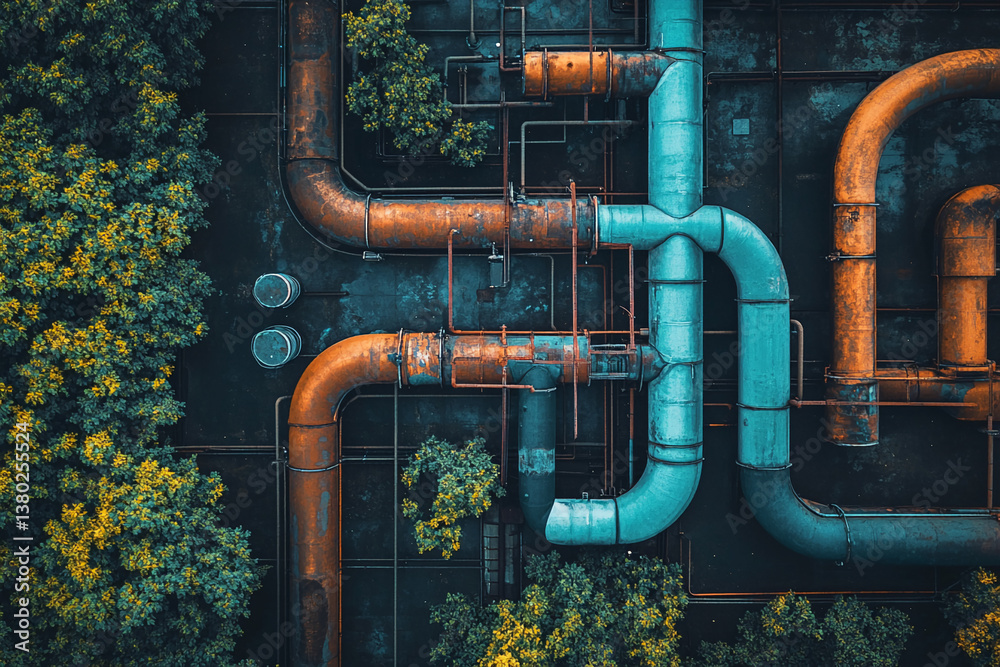 Poster aerial view of rusty and teal industrial pipes, interwoven amidst lush green foliage, creating a con