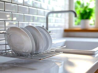 A shot of a kitchen sink with clean dishes drying on a rack and a window with sunlight streaming in with copy space photo. Sunlit kitchen clean dishes.