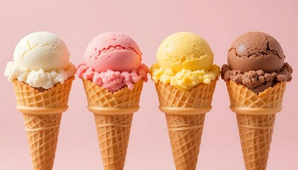 Four scoops of delicious ice cream in waffle cones vanilla strawberry lemon and chocolate flavors on a pink background Soft lighting studio shot
