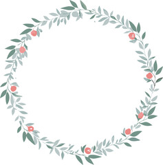 Naklejka premium Elegant Floral Wreath Design Green Leaves and Pink Berries Circle