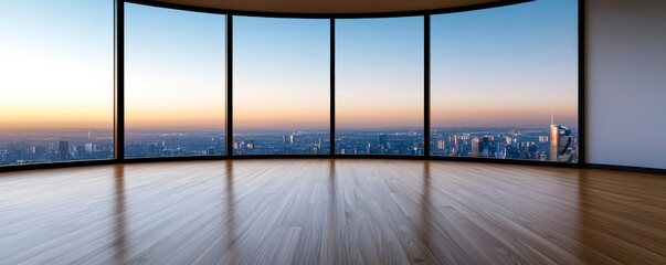 An empty modern living room with a large floor to ceiling window overlooking a futuristic cityscape. Bright room vast window city view.