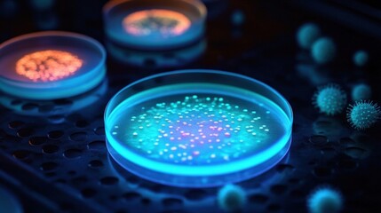 A striking arrangement of glowing petri dishes filled with bacterial colonies, showcasing the beauty of microbiology and its aesthetic in a laboratory setting.