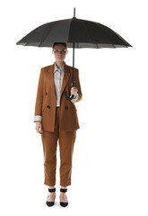 Young woman with black umbrella on white background