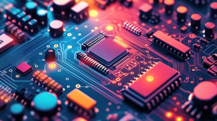 Obraz premium Close-up of illuminated circuit board with microchip, detailed view