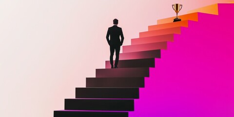 Silhouette of a Businessman Ascending Colorful Stairs Towards a Golden Trophy