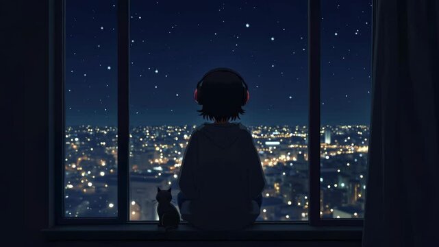 Silhouette of girl wearing headphones with cat, gazing at starry night sky and city lights from window, seen from behind. Tranquil lofi midnight animation with gentle curtain movement.
