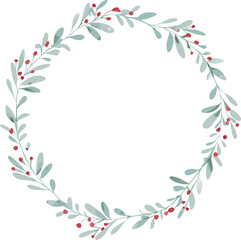 Elegant Watercolor Wreath Festive Berries, Greenery Circle Frame