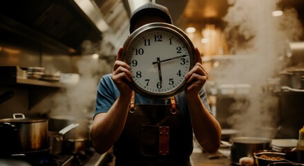 Male chef holding large clock in busy commercial kitchen with smoke and cooking equipment