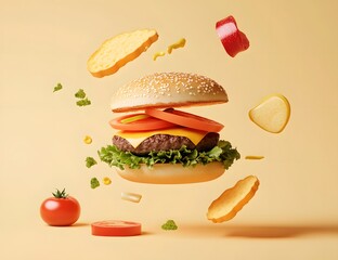 Floating hamburger with ingredients including tomato cheese lettuce and bun on beige.