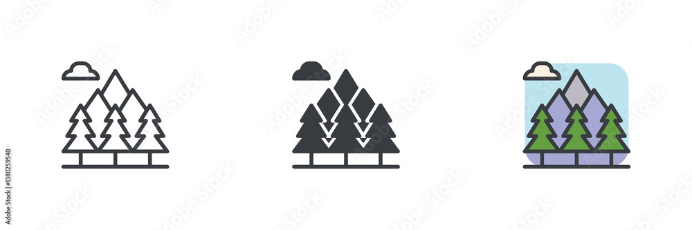 Poster Forest trees with a mountains and cloud different style icon set