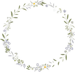 Elegant Floral Wreath Delicate Spring Flowers, Circle Frame, Botanical Design